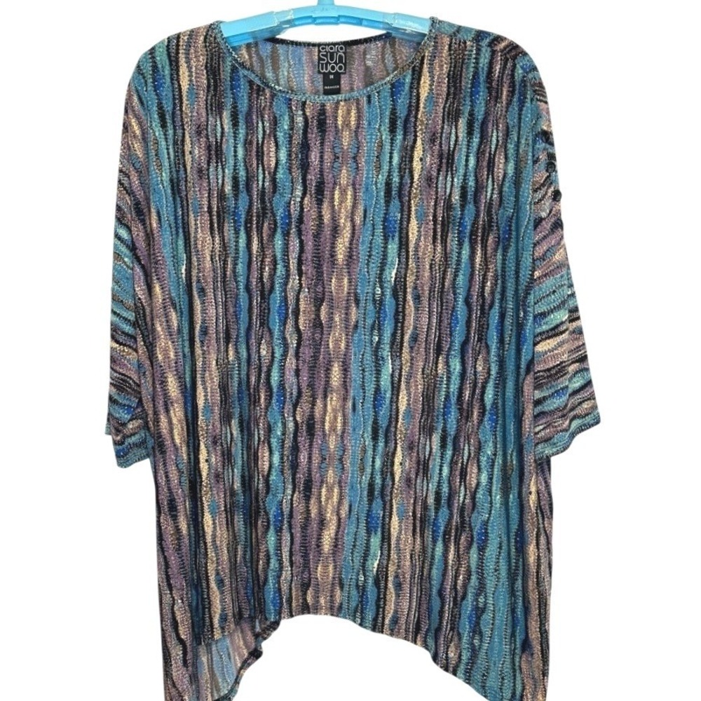 Clara Sunwoo Tunic Womens Blue Multi Abstract Metallic Print Sharkbite‎ Boho  1X